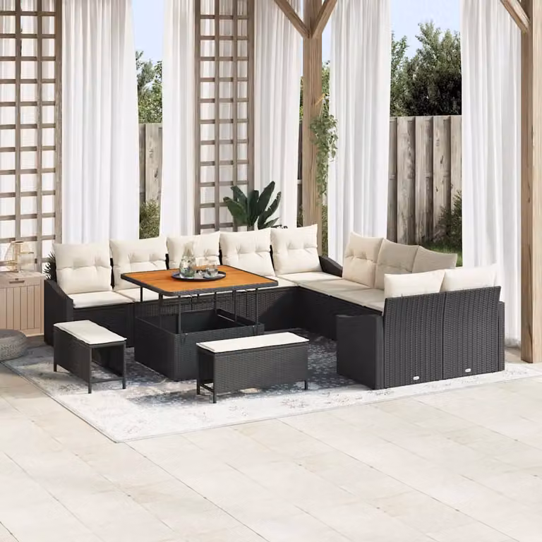 Set Divano da Giardino vidaXL a forma a U in Polyrattan Nero con Cuscini e Tavolino da 13 Pezzi