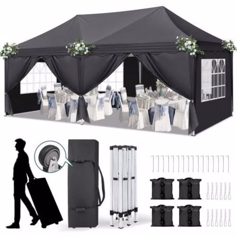 Tenda da festa 3x6 metri, con altezza regolabile, impermeabile, di colore grigio scuro, dotata di 6 pannelli laterali e 4 sacchi di sabbia