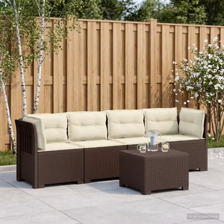 Set da giardino vidaXL composto da divano da esterno a 3 posti, elemento angolare e tavolino da caffè, in stile rattan moderno con cuscini beige e struttura marrone