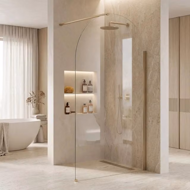 Parete Doccia Walk-in Rea Heaven Asimmetrica con Vetro Trasparente e Profilo Gold Brush 100 cm – 1