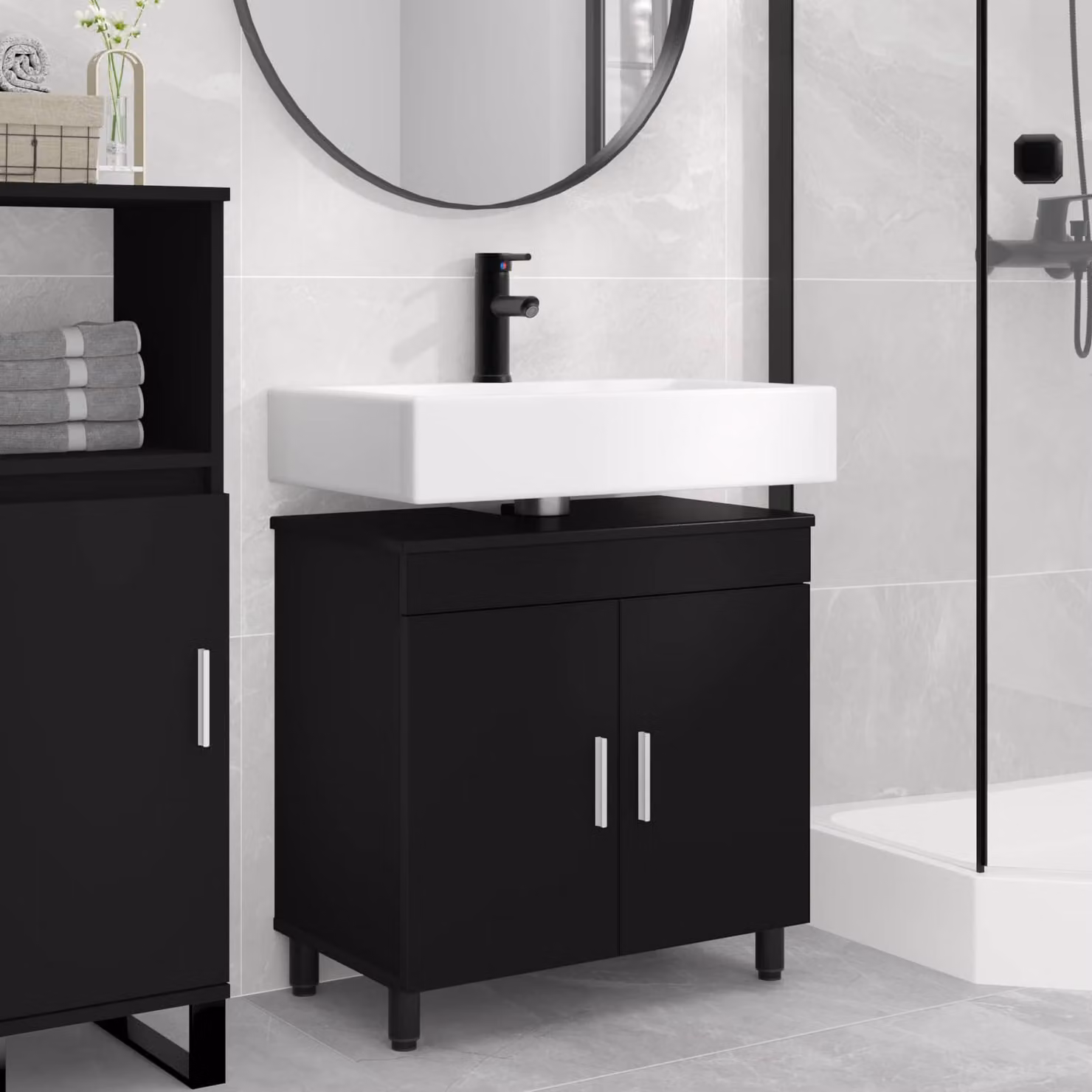 Mobiletto da bagno moderno vidaXL in MDF nero opaco L/P/H: 60 x 35 x 60 cm
