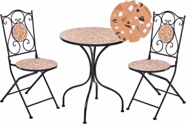 Set da giardino per esterni in metallo nero con struttura in ferro e piano effetto terrazzo stile vintage per esterni