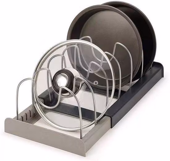 Organizzatore regolabile per cassetti, ideale per la cucina: scaffale per coperchi, ciotole, taglieri, stoviglie e portabicchieri; adatto per armadi, cassetti, piani di lavoro e ripiani