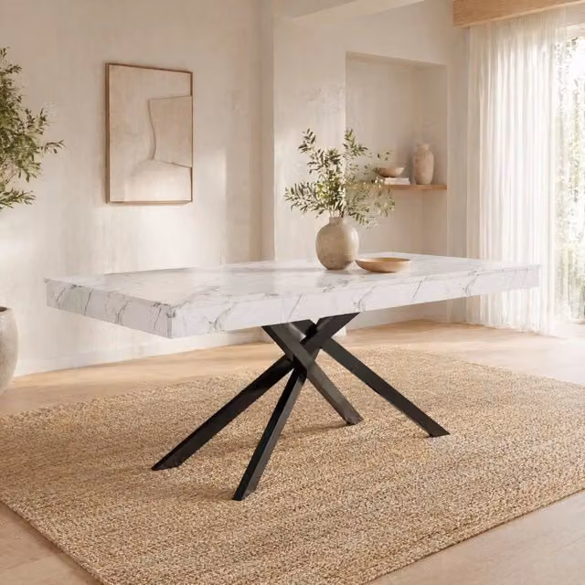 Tavolo da pranzo allungabile REDOM in MDF bianco con struttura a X per cucina e soggiorno, L/P/H: 140/180 x 80 x 75 cm