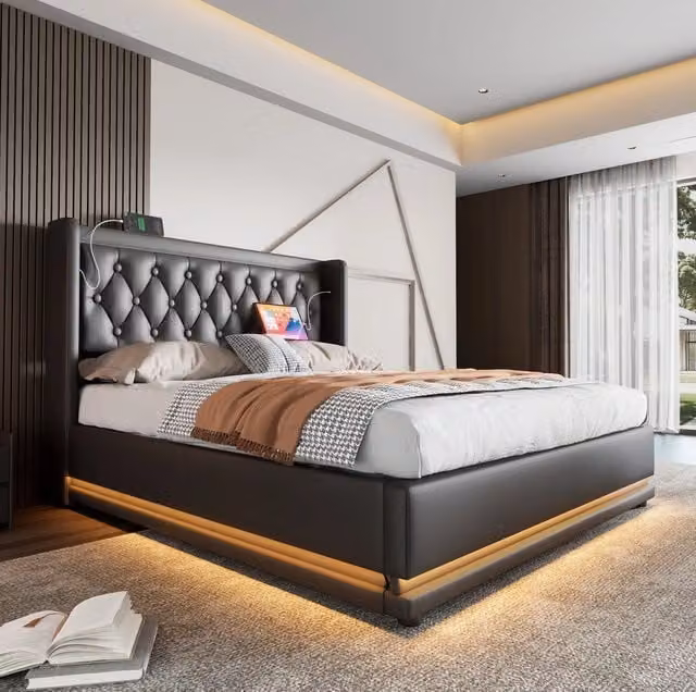 Letto matrimoniale imbottito 140x200 cm in PU nero con contenitore idraulico, testiera con caricatore USB Type-C e illuminazione LED 3 lati (con materasso)
