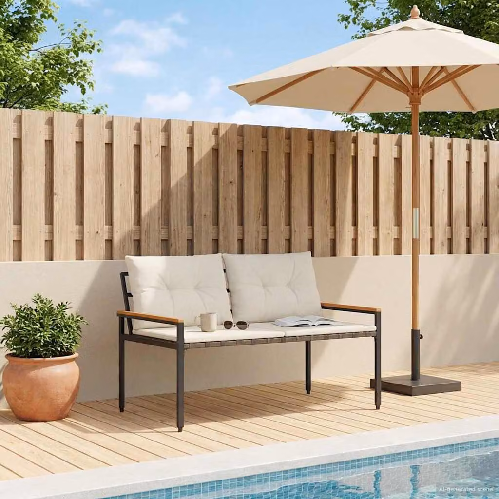 Panchina da esterno a 2 posti vidaXL in legno di acacia oliato e polyrattan con cuscini, L: 116 cm, P: 67,5 cm, H: 72 cm