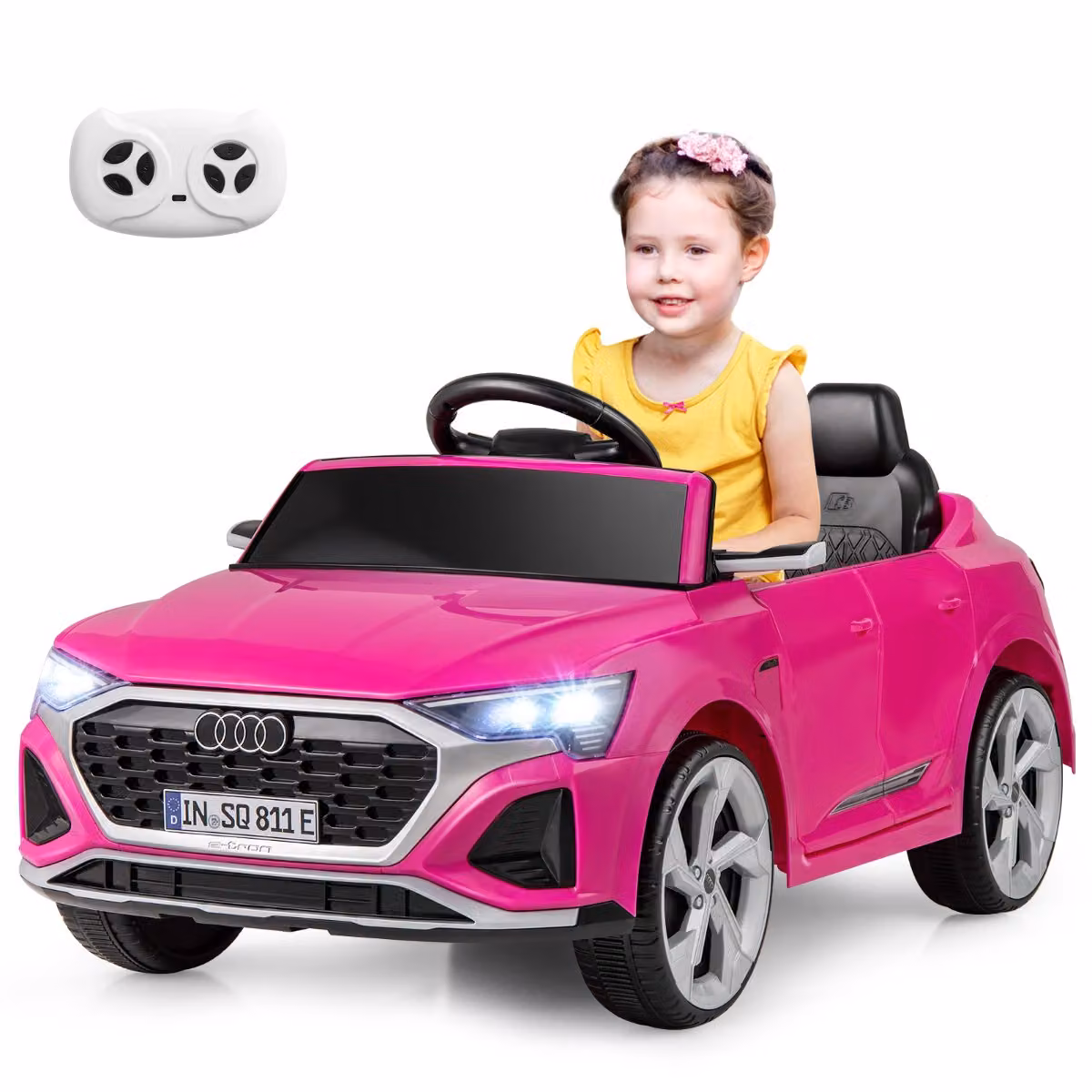 Auto elettrica per bambini Costway Audi SQ8 licenziata, veicolo 12V con telecomando, luci LED, musica e 3 velocità, colore Rosa