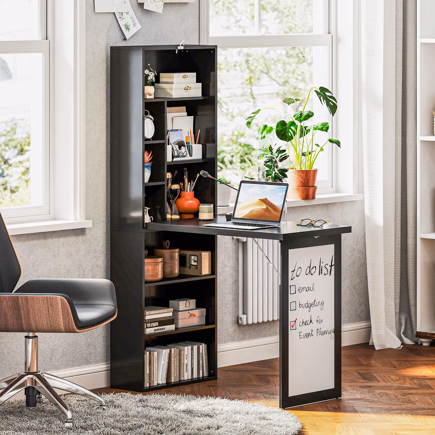 Scrivania Moderna Pieghevole HOMCOM con Libreria e Lavagna in Legno e Metallo, Nero, L 98 cm x P 51 cm x H 153 cm – 2