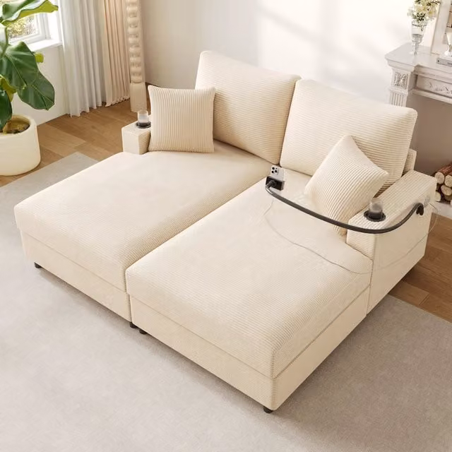 Divano letto a 2 posti con porta telefono girevole usb-c e portabicchieri in velluto a coste beige 163 × 140 × 82 cm