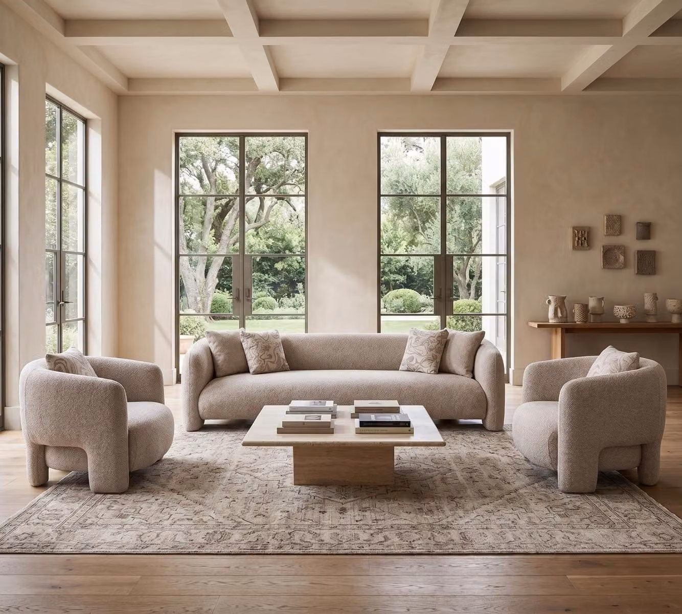 Divano componibile moderno, 3 pezzi, composto da un divano a 4 posti e 2 poltrone, colore beige
