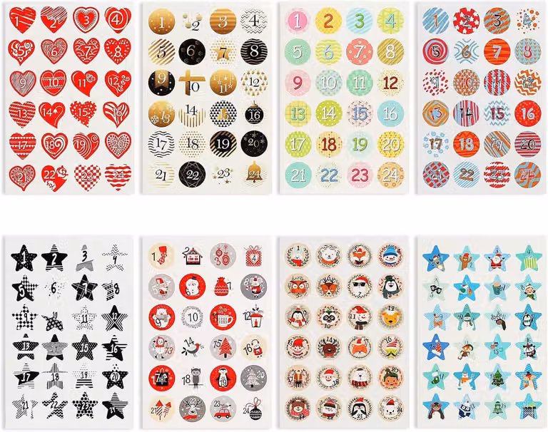 Adesivi numerati per calendario dell'Avvento, da 1 a 24, autoadesivi, decorazioni natalizie per il periodo dell'Avvento