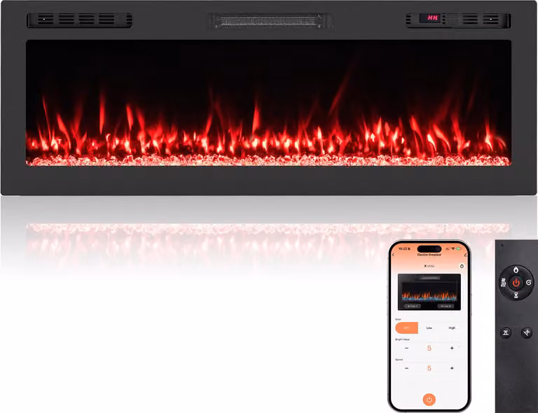 Caminetto elettrico COSTWAY 50" con riscaldamento 750W/1500W, camino da incasso a parete con telecomando/app di controllo WiFi, 12 colori di fiamma e timer 127x10x46cm