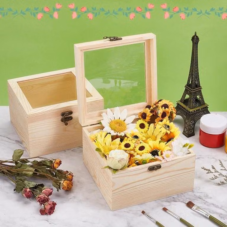 2 scatole in legno con coperchio in vetro, dimensioni 17,8 x 17,8 x 11,5 cm. Scatole di stoccaggio non trattate, ideali per progetti fai-da-te, e scatole decorative