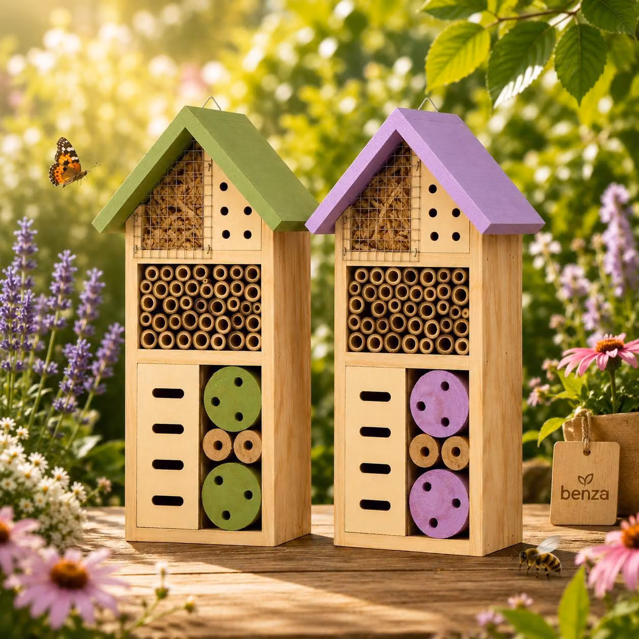 Benza – Set per hotel per insetti (2 pezzi) – Verde e lilla – 13 x 8,5 x 26 cm – Hotel per api e farfalle in legno – Ideale per giardino, balcone e terrazzo