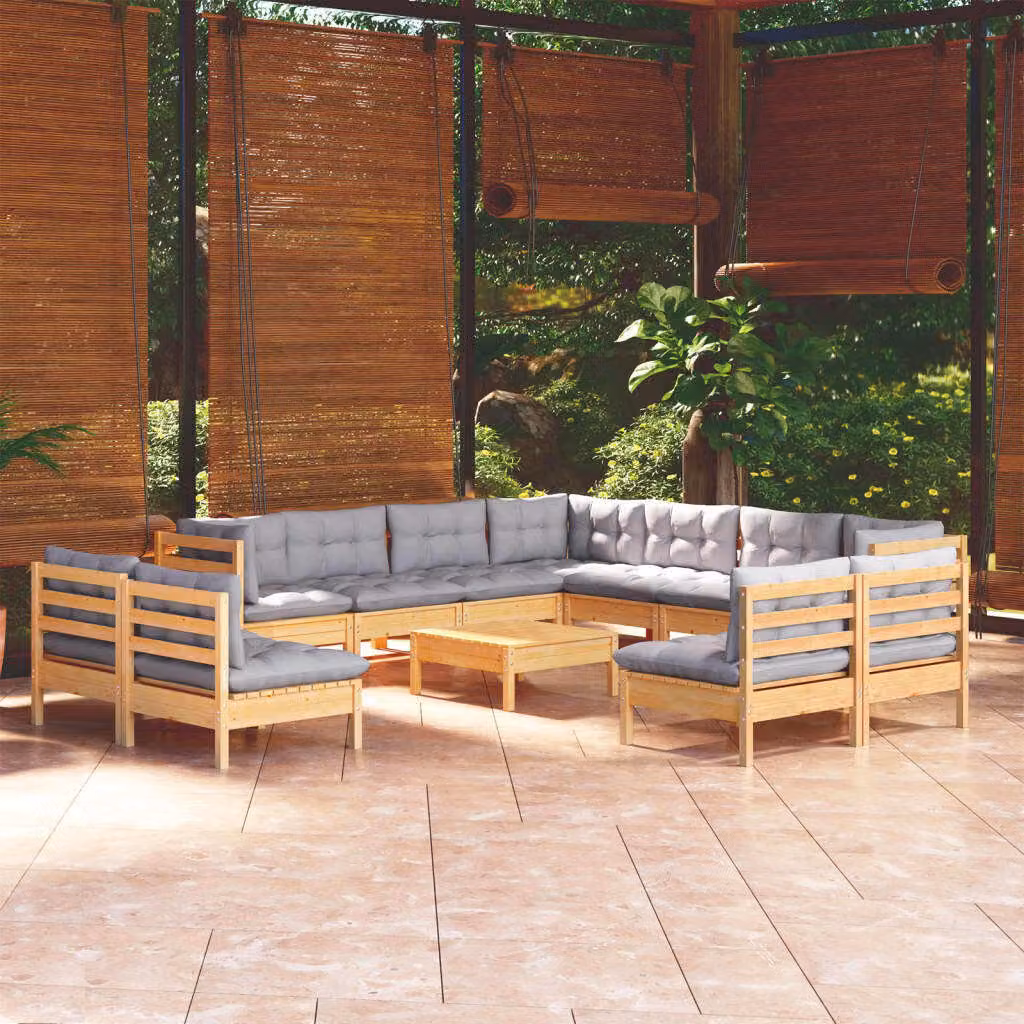 The Living Store Set salotto da giardino 12 pezzi con cuscini grigi in legno di pino massiccio