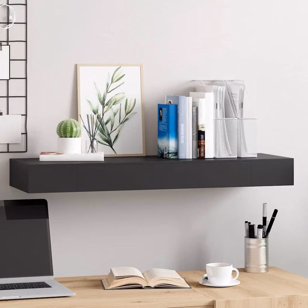 vidaXL Mensola a Muro Galleggiante con Cassetto Nera in MDF L: 80 cm, P: 25 cm, H: 8 cm