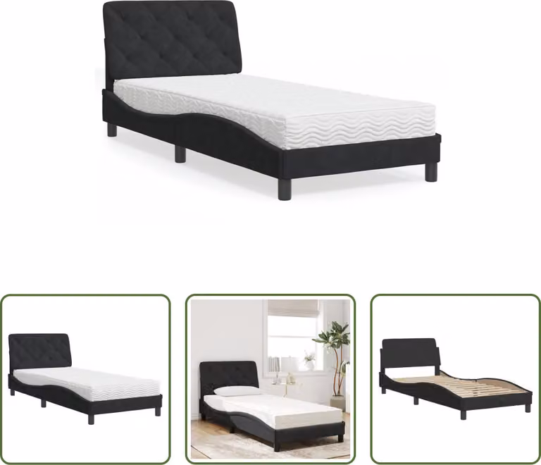 The Living Store Letto con materasso nero 90x200 cm in velluto