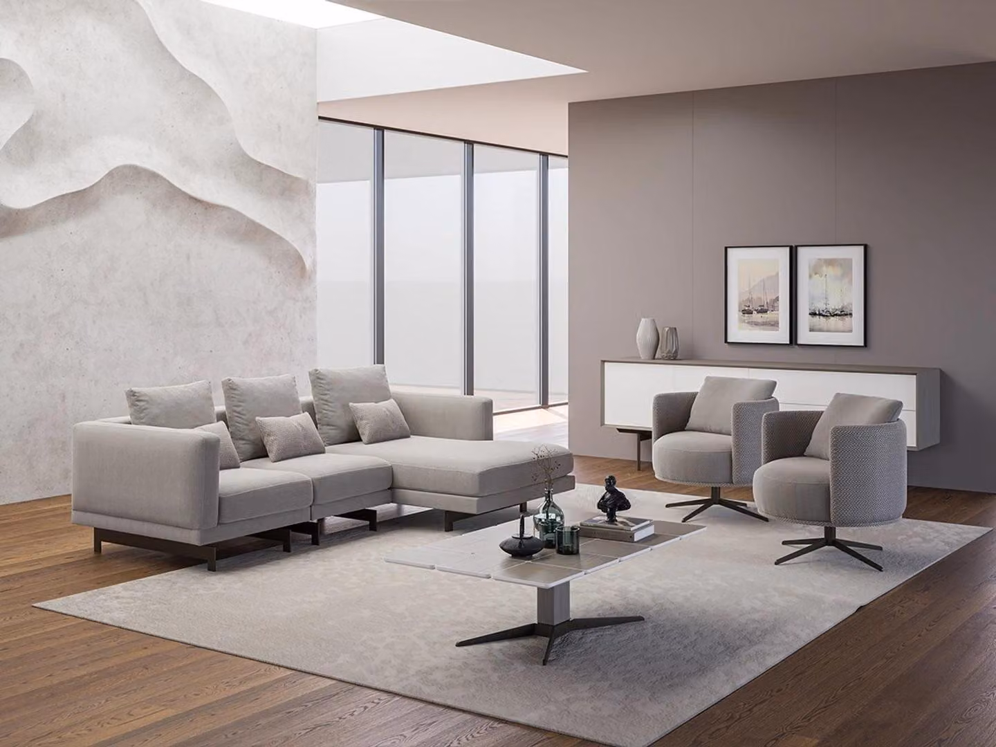 Luxus Komplett 4tlg Ecksofa L-Form Designer 2x Sessel Holz Couchtisch