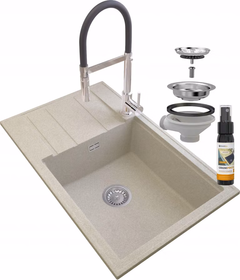 Granitan - Lavello in granito - Lavello da cucina - 80x50 cm - Beige - con rubinetteria VENTO e scolapiatti - LOUIS