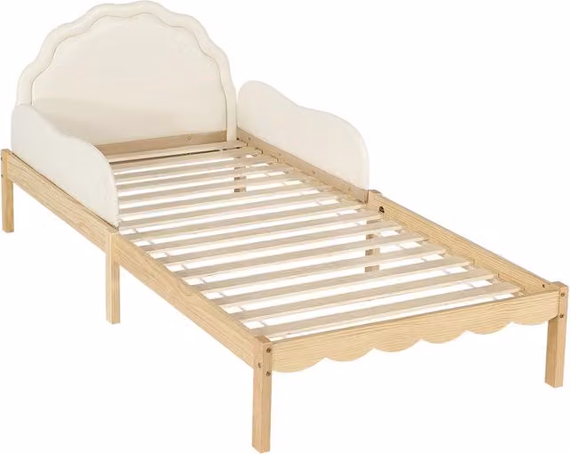 Letto per bambini 90x200 cm imbottito beige con testiera morbida e sponde laterali