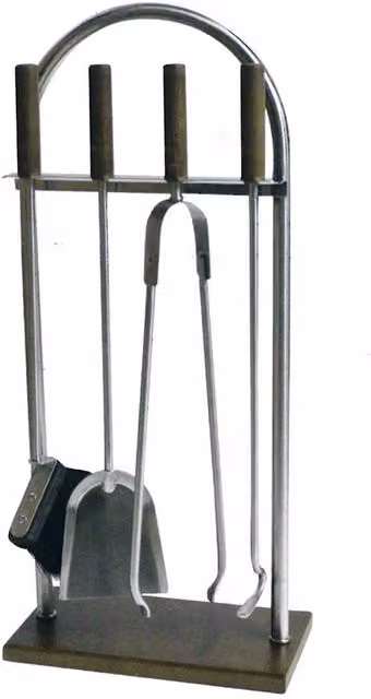 Porta attrezzi per camino Comex in acciaio inox color argento con manico e base in legno, 4 accessori, L: 32 cm, P: 16 cm, H: 62 cm