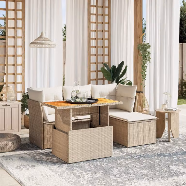 vidaXL Set Divano da Giardino 6 pz a L con Cuscini Beige in Polyrattan e Legno di Acacia