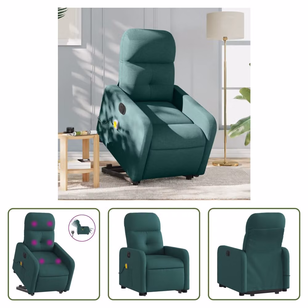 The Living Store Poltrona massaggiante elettrica con ausilio per la posizione eretta Tessuto verde scuro