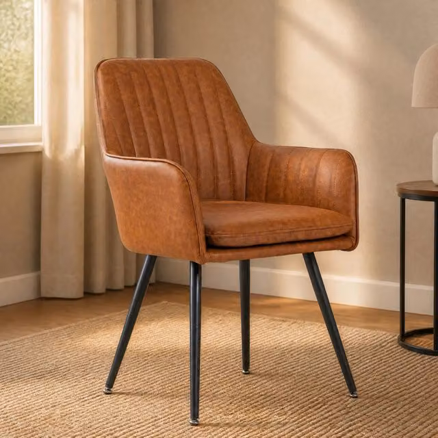 Sedia da pranzo moderna OKWISH con braccioli in ecopelle marrone e struttura in metallo per cucina, soggiorno e sala da pranzo – 1