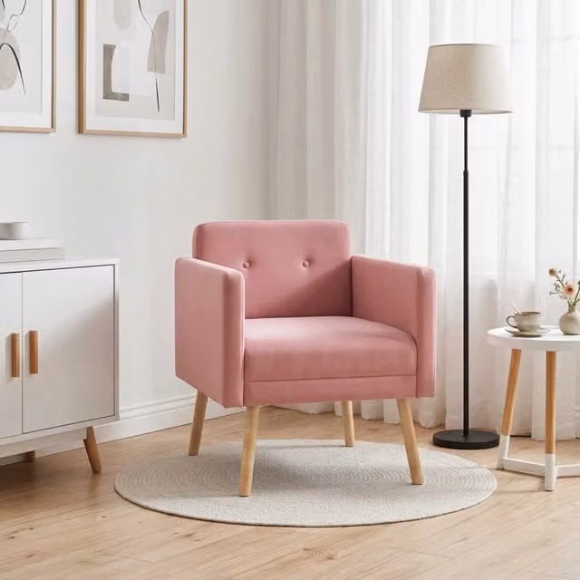 Poltrona moderna in velluto rosa vidaXL con braccioli e struttura in legno – 1