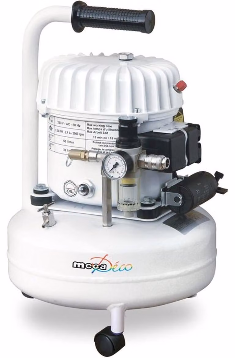 Compressore d'aria silenzioso MECAFER, capacità 9 litri, 0,5 HP, fino a 8 bar, ideale per aerografo e manutenzione
