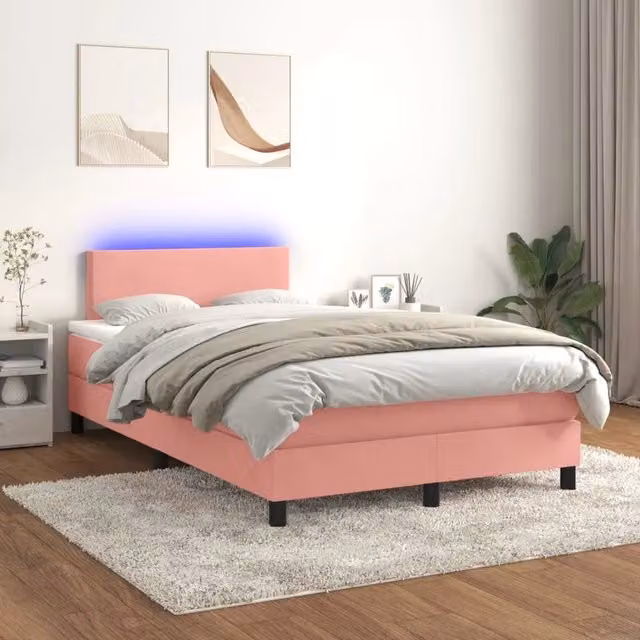 Letto matrimoniale con materasso ibrido vidaXL in velluto rosa e bianco con illuminazione LED sottostante e porta USB, L/P/H: 120 x 200 cm – 1