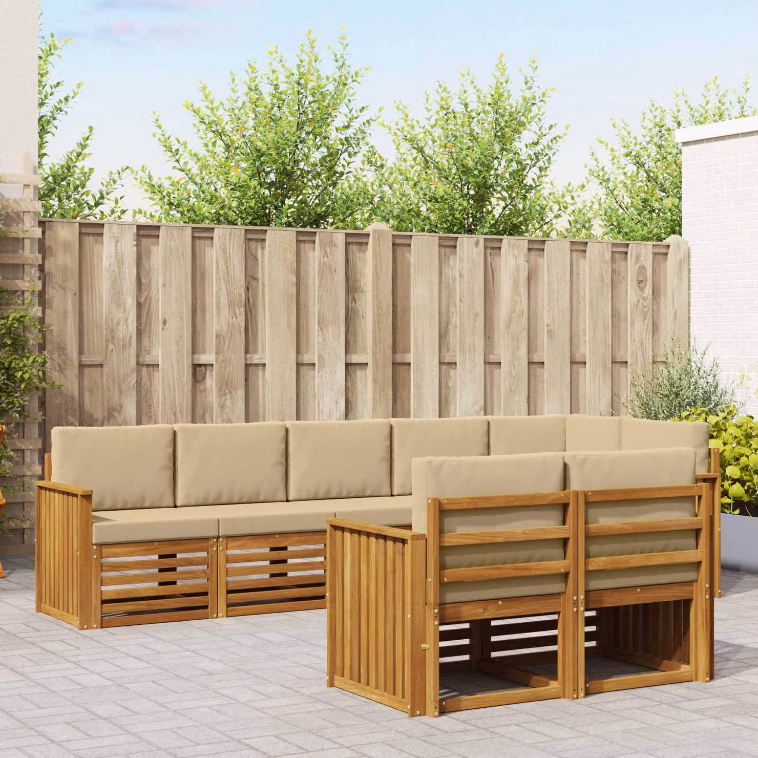 Set di divani da esterno a L vidaXL in legno di acacia con 8 pezzi, beige e marrone