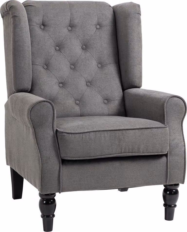 Poltrona singola Poltrona relax Poltrona con orecchie con trapuntatura, gambe in legno, poliestere, grigio scuro, 74x86x102 cm per soggiorno e camera da letto