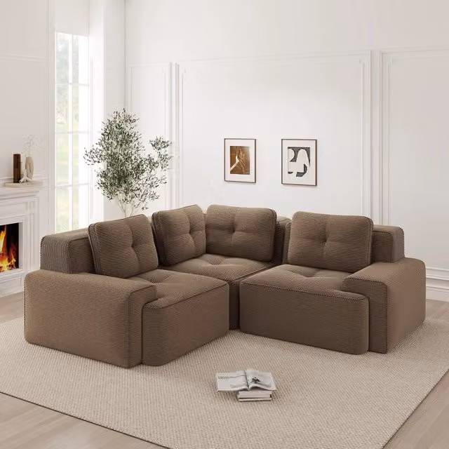 Divano ad angolo modulare senza telaio con seduta profonda e base antiscivolo senza montaggio in corduroy marrone