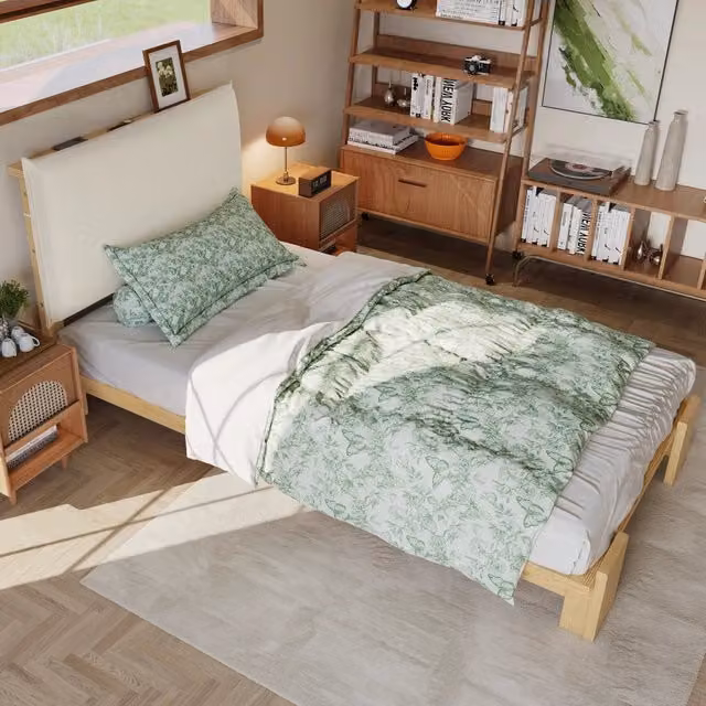 Letto singolo per bambini OKWISH in legno di pino con schienale imbottito decorazione floreale L/P/H: 208 x 90 x 120 cm