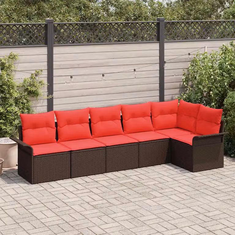 Set Divano da Giardino vidaXL 6 pz a Forma a L con Cuscini Marrone e Rosso in Polyrattan e Metallo