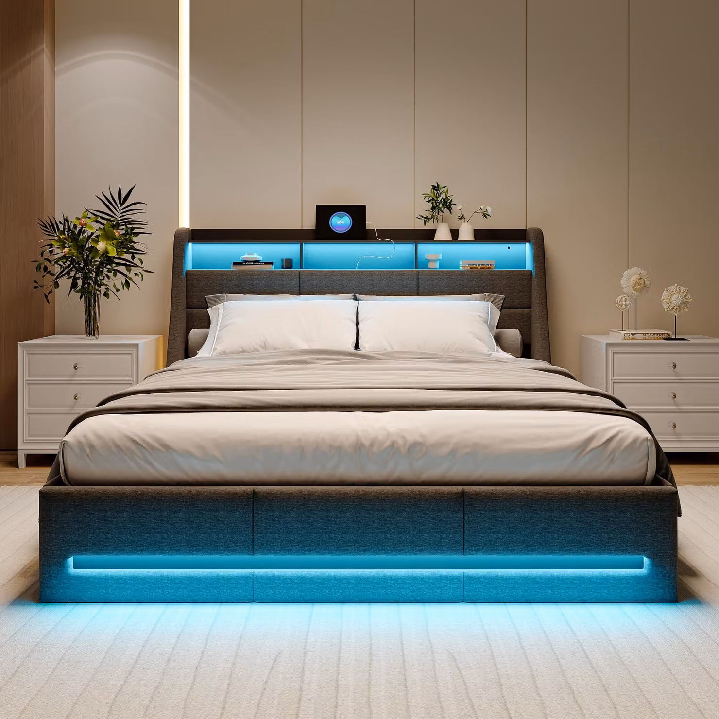 Letto imbottito matrimoniale 160x200 cm con LED e USB, 4 cassetti, testata con vano contenitore, lino, grigio, design moderno, ideale per camere da letto, funzionale e confortevole