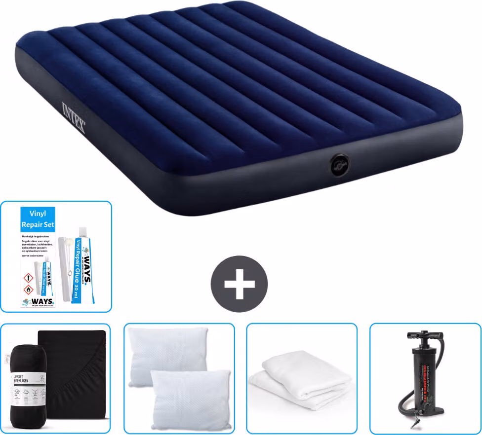 Letto gonfiabile Intex - 2 persone - 152 x 203 x 25 cm - blu - lenzuolo incluso - bacio - pompa - set di riparazione e protezione per cuscini