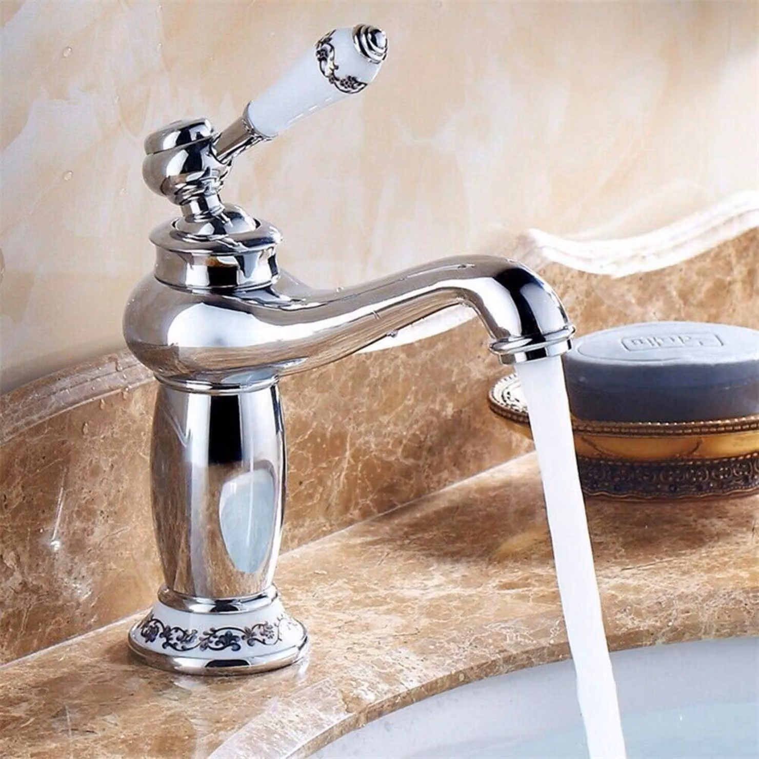 Miscelatore per lavabo in stile retrò, realizzato in ottone e Vetroceramica, con rubinetto per acqua fredda e calda, finitura argento