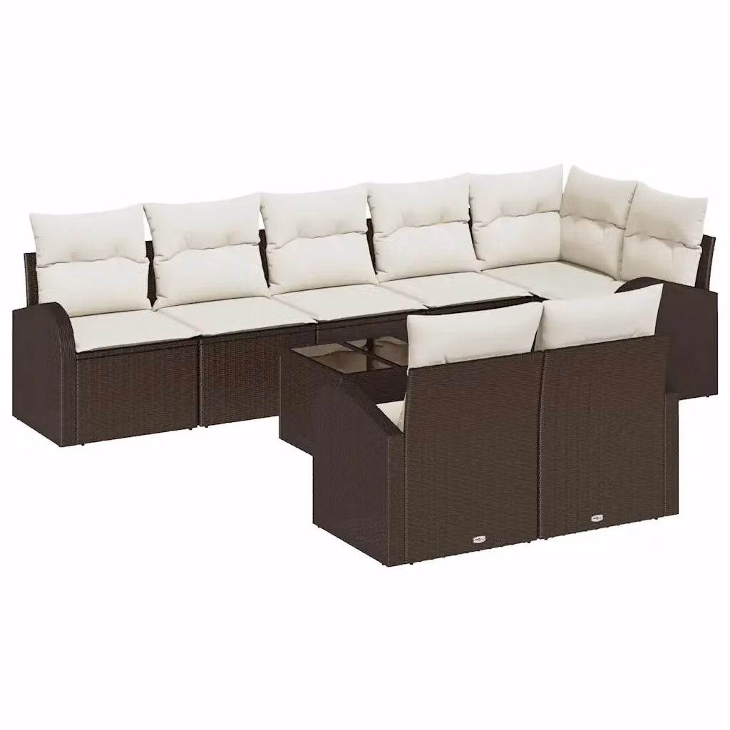 vidaXL Set Divano da Giardino 9 Pezzi a Forma di U con Tavolino, Marrone e Beige – 2
