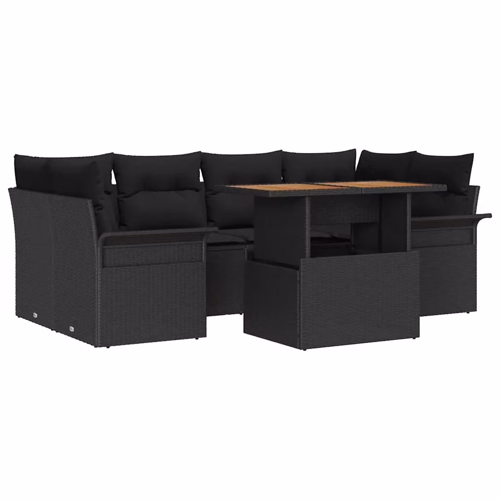 Set Divano da Giardino vidaXL 7 Pezzi in Polyrattan Nero con Elementi in Legno e Metallo – 2