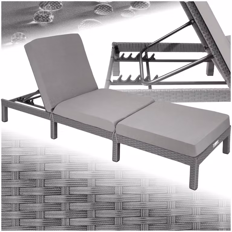Lettino prendisole Sofia TecTake in polyrattan grigio con cuscino impermeabile e poggiatesta regolabile