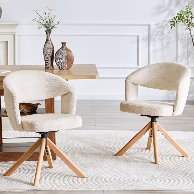 Set di 2 sedie da pranzo, schienale alto, girevoli a 360°, rivestite in velluto, gambe in legno massello (bianco, legno)
