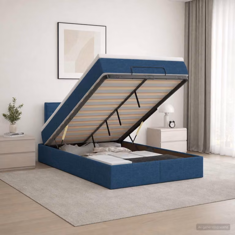 Letto ottomano con materasso vidaXL in tessuto blu e bianco, base con contenitore a sollevamento, L 120 x P 200 cm