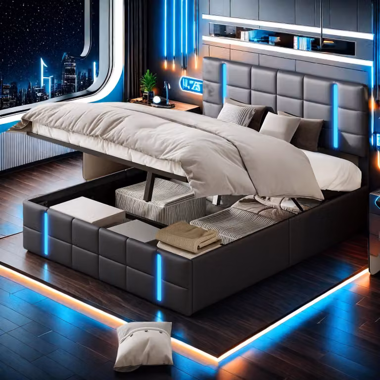 Letto imbottito ProximaX letto contenitore telaio idraulico letto matrimoniale 140x200cm, letto con illuminazione LED, testata imbottita con funzione di ricarica USB Type-C, (nero, 140x200cm)