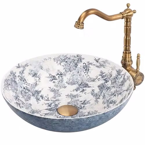 Rea - Lavabo Da Appoggio, Juliana, Rotondo Bianco, Blu, Motivo