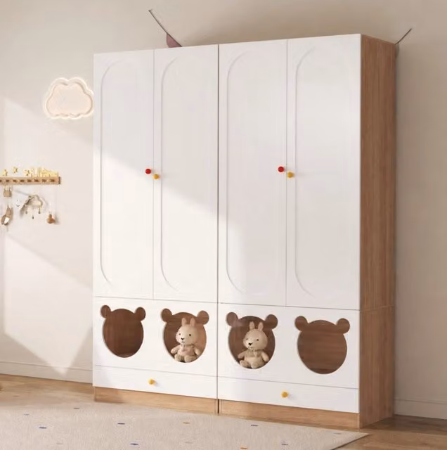 Armadio per cameretta a 2 ante con appendiabiti e cassetti; MDF; 80×50×200 cm; naturale e bianco