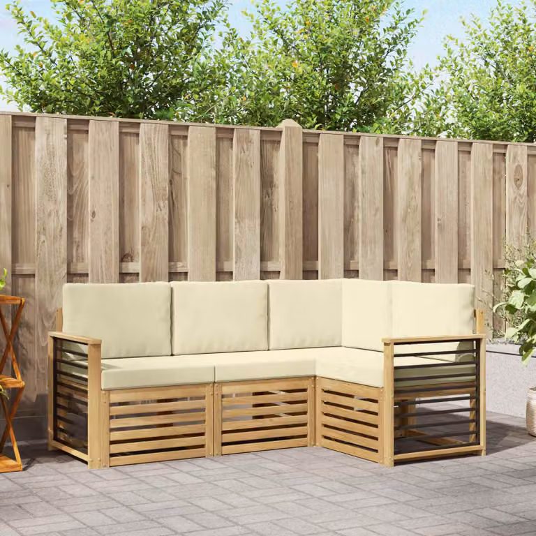 Set di divani da esterno vidaXL a forma di L composto da 4 pezzi in legno di acacia con cuscini bianchi e beige