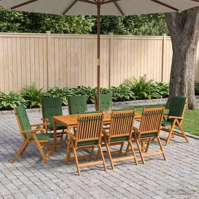 Set da pranzo per giardino e terrazzo vidaXL in legno di acacia naturale con 8 posti e cuscini rimovibili marroni e verdi – 1