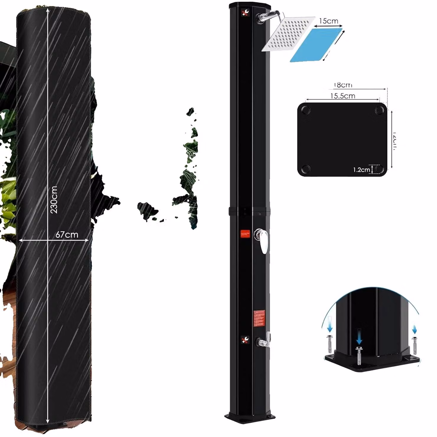 Colonna doccia solare, design indipendente, funzione doccia a cascata, 40 L, nero